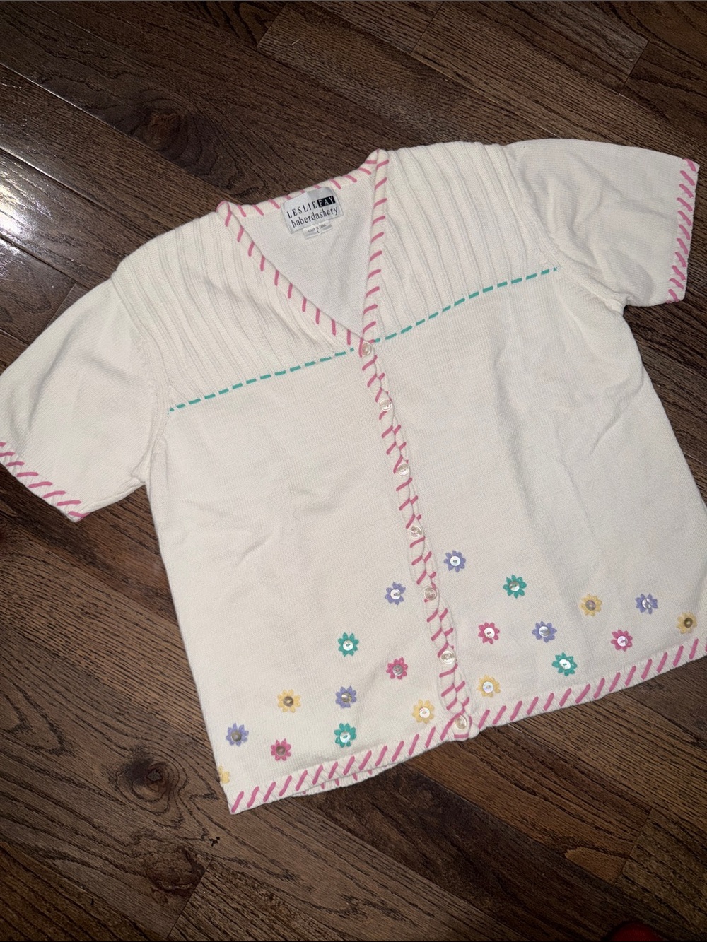 Vintage Leslie Fay Haberdashery Floral Embellished Short Sleeve Cardigan size L